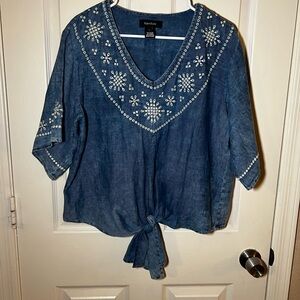 Karen Kane Denim Blue Embroidered Blouse 100% Cotton